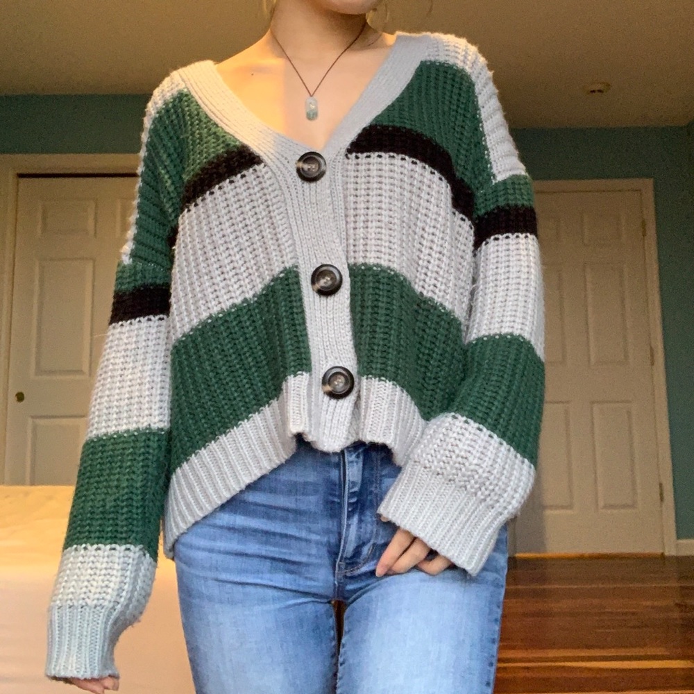 PACSUN LA HEARTS GREEN STRIPED SWEATER CARDIGAN - Picture 1 of 4